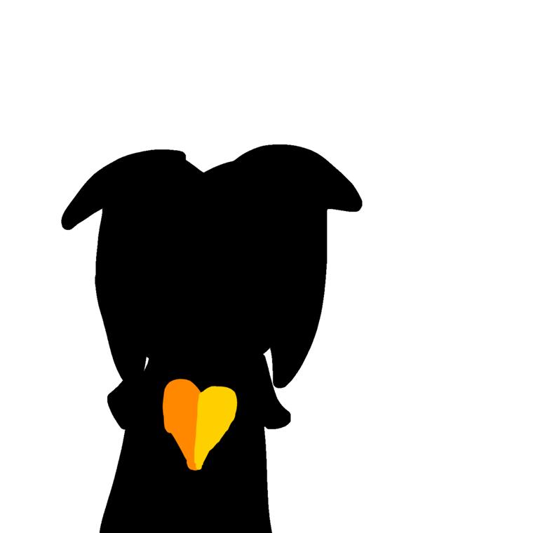 En silueta, con el corazón mitad naranja mitad amarillo.