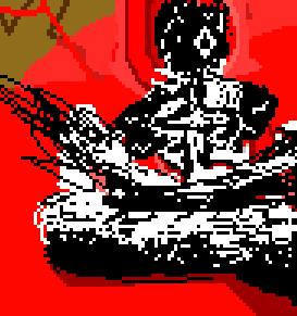 La versión en pixel art sobre rojo.