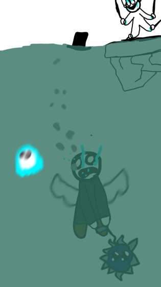 Escena submarina en verde: una figura hundiéndose con un orbe azul al lado y una criatura espinosa en el fondo.