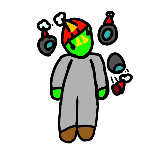 Personaje de mono gris y cabeza verde rodeado de siete cabezas flotantes de distintos colores.