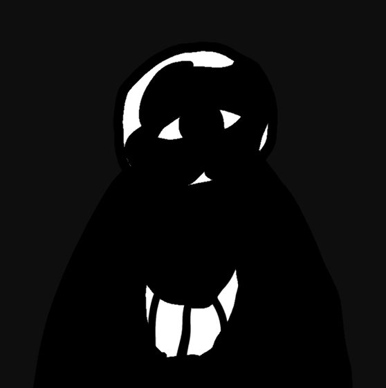 Silueta negra con dientes blancos sobre fondo oscuro.