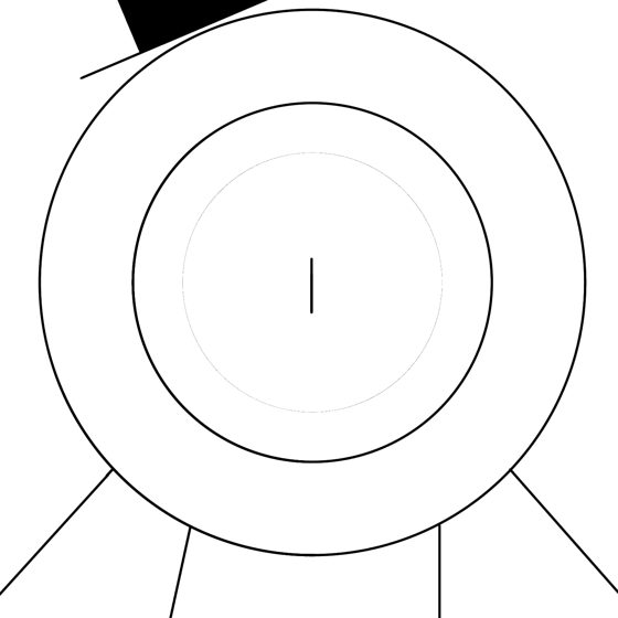 Cabeza circular de frente, casi sin rasgos, en líneas concéntricas.