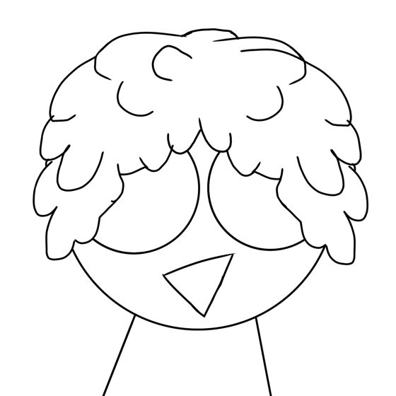 Cabeza de pelo rizado dibujada solo con línea, nariz triangular.
