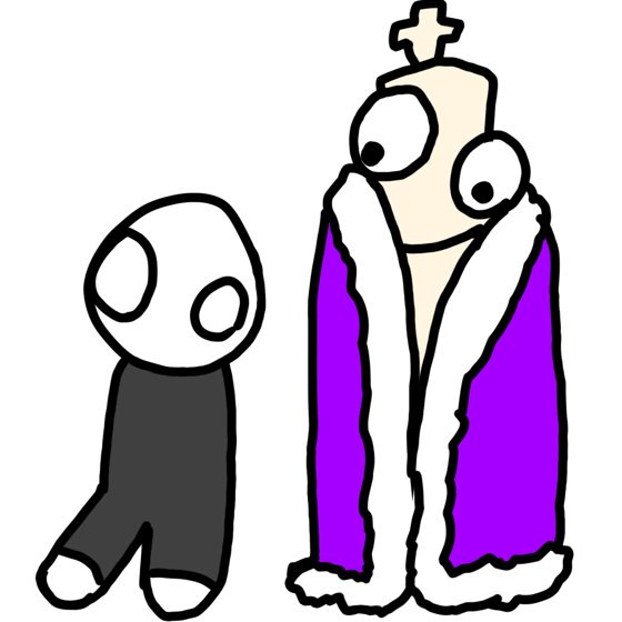 Dos figuras juntas: una de cabeza redonda vestida de negro y otra con corona y capa violeta con ribete blanco.