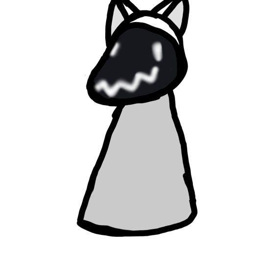 Figura de orejas puntiagudas, cabeza negra con boca en zigzag y túnica gris.