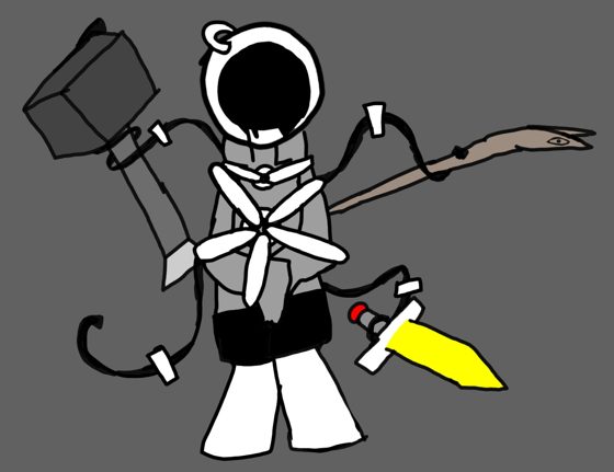 Personaje vendado con un mazo al hombro y una espada amarilla al costado, sobre fondo gris.