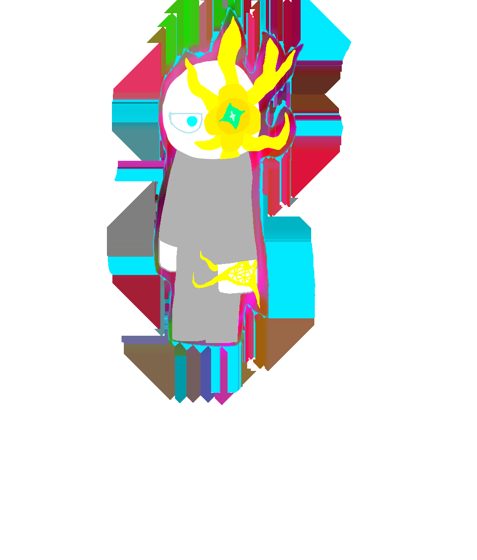 Personaje de cabeza blanca con corona amarilla, en un marco de glitch de colores.