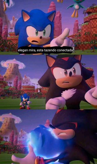 Tira de tres capturas de un video de Sonic con el texto «elegan mira, esta tazendo conectada».