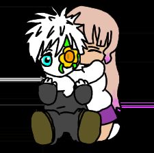 Dos personajes abrazados sentados, uno de pelo blanco con una flor en el ojo.