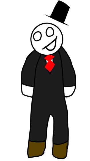 Personaje de traje negro, sombrero de copa y corbata roja, de cuerpo entero.