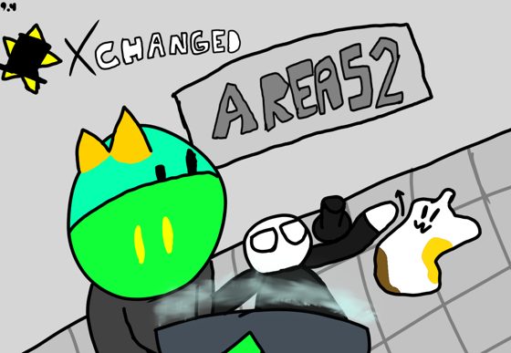 Escena estilo cómic con el rótulo «XCHANGED / AREA 52» y varios personajes en un pasillo.