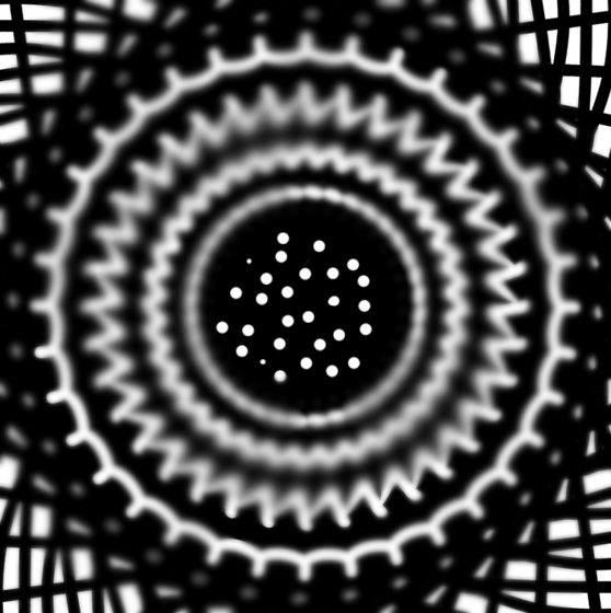 Patrón circular en blanco y negro, como un mandala de líneas.