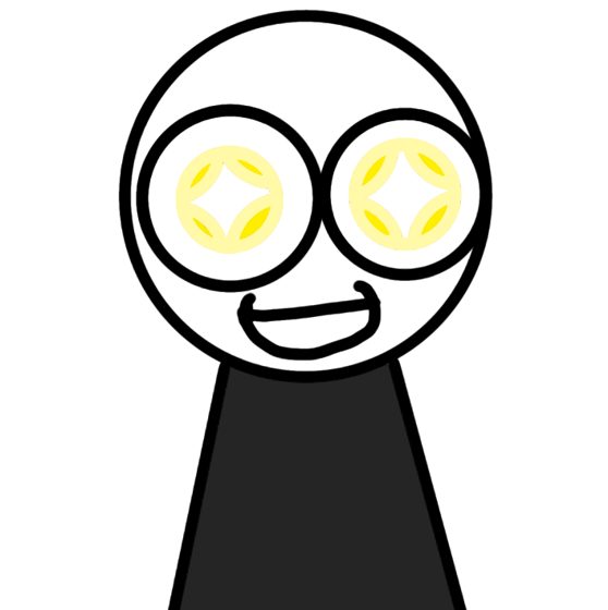 Cabeza redonda con los ojos convertidos en rombos amarillos, sonriendo.