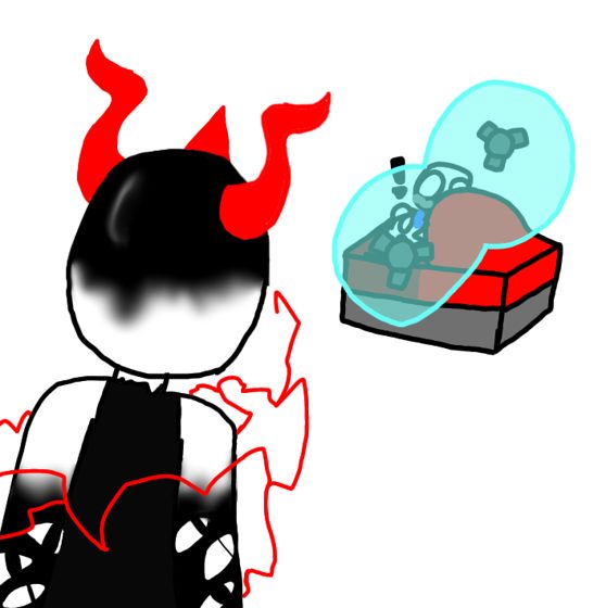 Personaje de pelo negro con llamas rojas junto a una caja de vidrio con algo dentro.