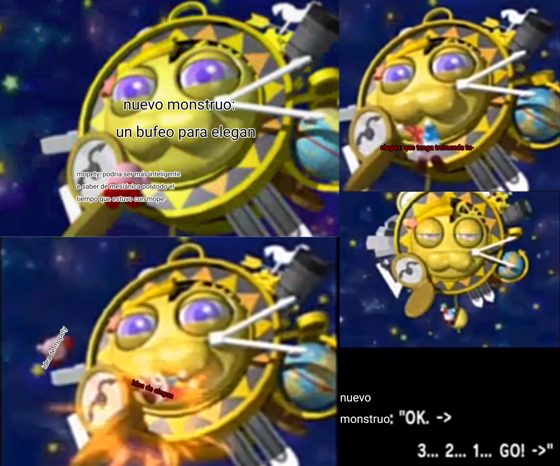 Cuatro capturas de un video de un pez dorado en el espacio, con el texto «nuevo monstruo: un bufeo para elegan» y una cu