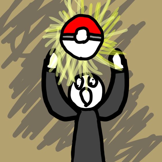 Personaje de cabeza redonda sosteniendo una Pokébola sobre la cabeza, con destellos amarillos.