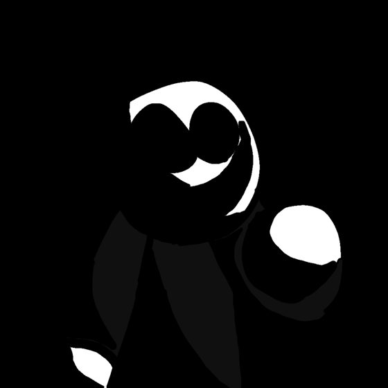 Dos caras blancas sonrientes recortadas sobre fondo negro.