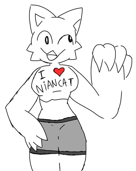 La misma gata antropomorfa vestida, con remera de «I love NIANCAT» y short.