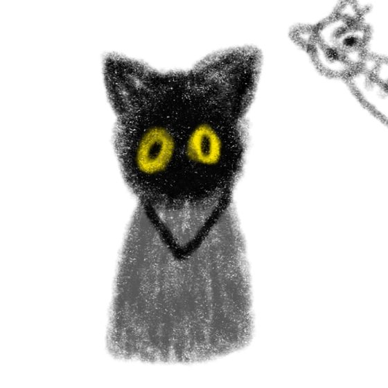 Gato negro de ojos amarillos dibujado con textura granulada.