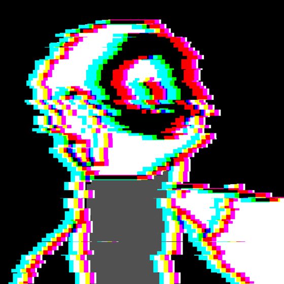 Cabeza redonda con efecto de glitch en rojo y celeste sobre negro.