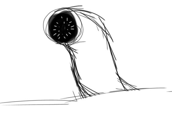 Boceto de una figura de pelo largo tapándole la cara, inclinada.