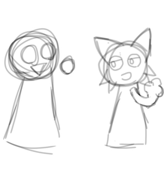 Boceto a lápiz de dos personajes, uno de cabeza redonda y otro felino señalando.