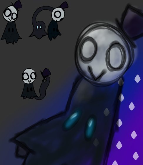 Personaje gris con capa entre cuatro fantasmas chicos, sobre fondo violeta con rombos.