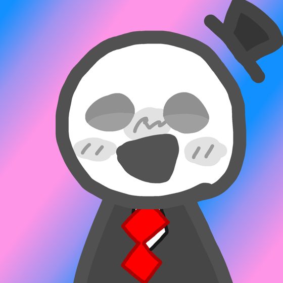 Personaje de sombrero de copa y corbata roja riéndose, sobre fondo degradado rosa y celeste.