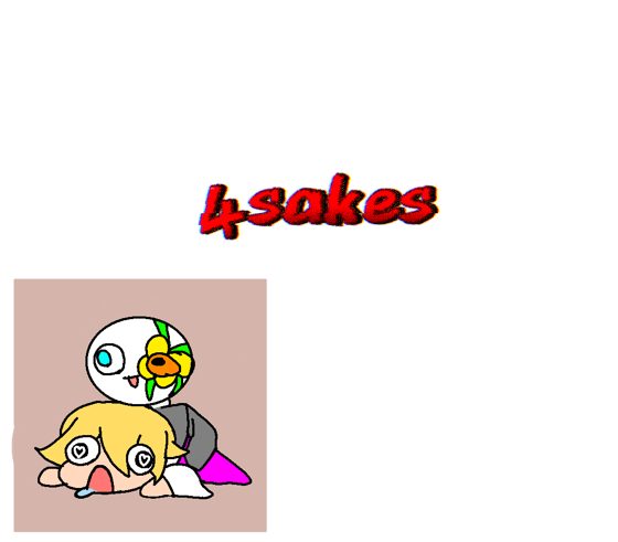 Rótulo «4sakes» con un dibujo chico de tres personajes debajo.
