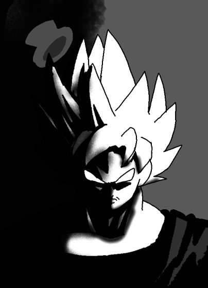 Dibujo de un personaje de pelo blanco en punta, estilo anime, sobre fondo oscuro.
