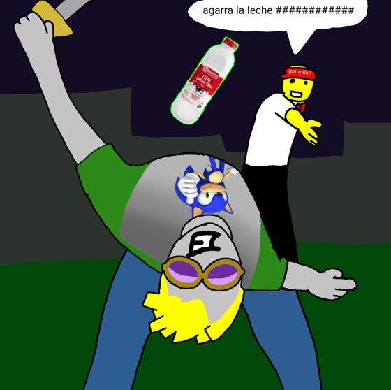 Escena de Roblox con globo de diálogo «agarra la leche» y una botella.