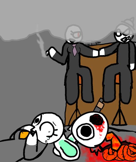 Escena en grises: dos figuras de traje colgadas y dos cabezas en el piso con sangre.