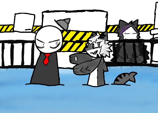 Escena junto al agua: personaje de sombrero, otro de pelo claro y dos peces, detrás de una valla.