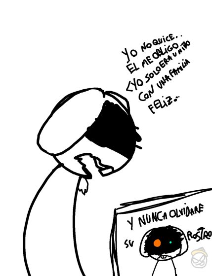 Viñeta: una figura frente a una lápida con el texto «Yo no quise... él me obligó... y yo solo era un niño con una famili