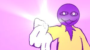 Personaje violeta de campera amarilla bajo una luz rosa intensa.