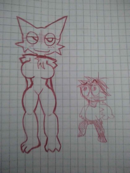 Foto de un dibujo a lápiz rojo en hoja cuadriculada: dos personajes de pie.