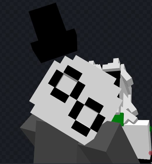 Captura de Minecraft: un personaje de sombrero de copa hecho de bloques.