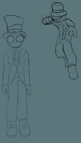 Bocetos a lápiz de dos personajes de traje y sombrero de copa.