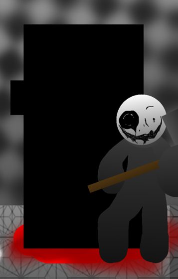 Figura oscura con un palo en la mano delante de un rectángulo negro, con sangre en el piso.