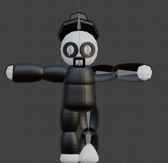Modelo 3D en T-pose de un personaje de cabeza redonda con gorra.