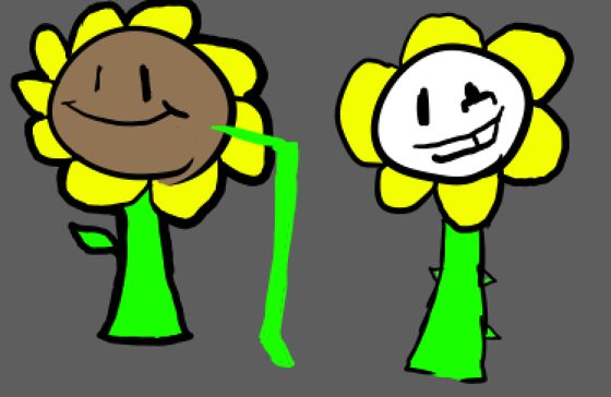 Dos flores con cara, una marrón y otra blanca, sobre fondo gris.