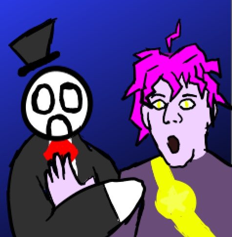 Dos personajes gritando, uno de sombrero de copa y otro de pelo rosa, sobre fondo azul.