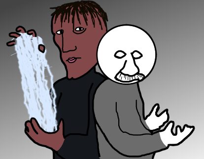 Fotomontaje: una cara dibujada pegada sobre una foto de dos personas.