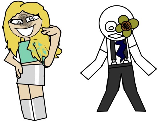 Dos personajes de cuerpo entero: uno rubio de pollera y otro con la flor en la cara.