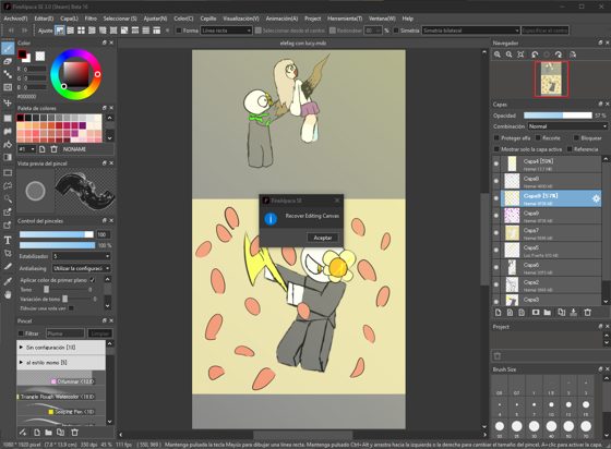 Captura de un programa de dibujo con una ilustración en proceso de dos personajes.