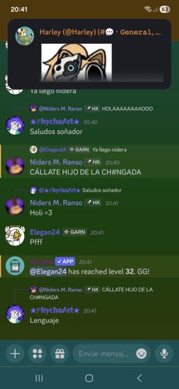 Captura de un canal con mensajes de Niders M. Ramo, PhychoArt y Elegan24, y un aviso de nivel.