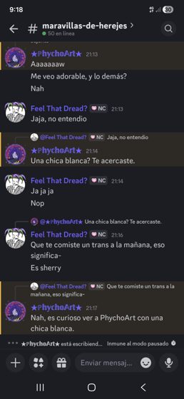 Captura de #maravillas-de-herejes con una conversación entre Feel That Dread y PhychoArt.
