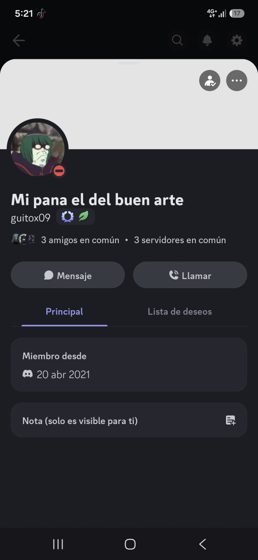 Captura del perfil de Discord de guitox09, «Mi pana el del buen arte», miembro desde abril de 2021.