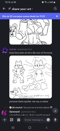Captura del canal #share-your-art de otro servidor, con dibujos de fursonas.