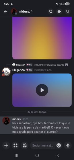Captura de un chat privado con niders. y dos archivos adjuntos, del 20 de abril de 2026.